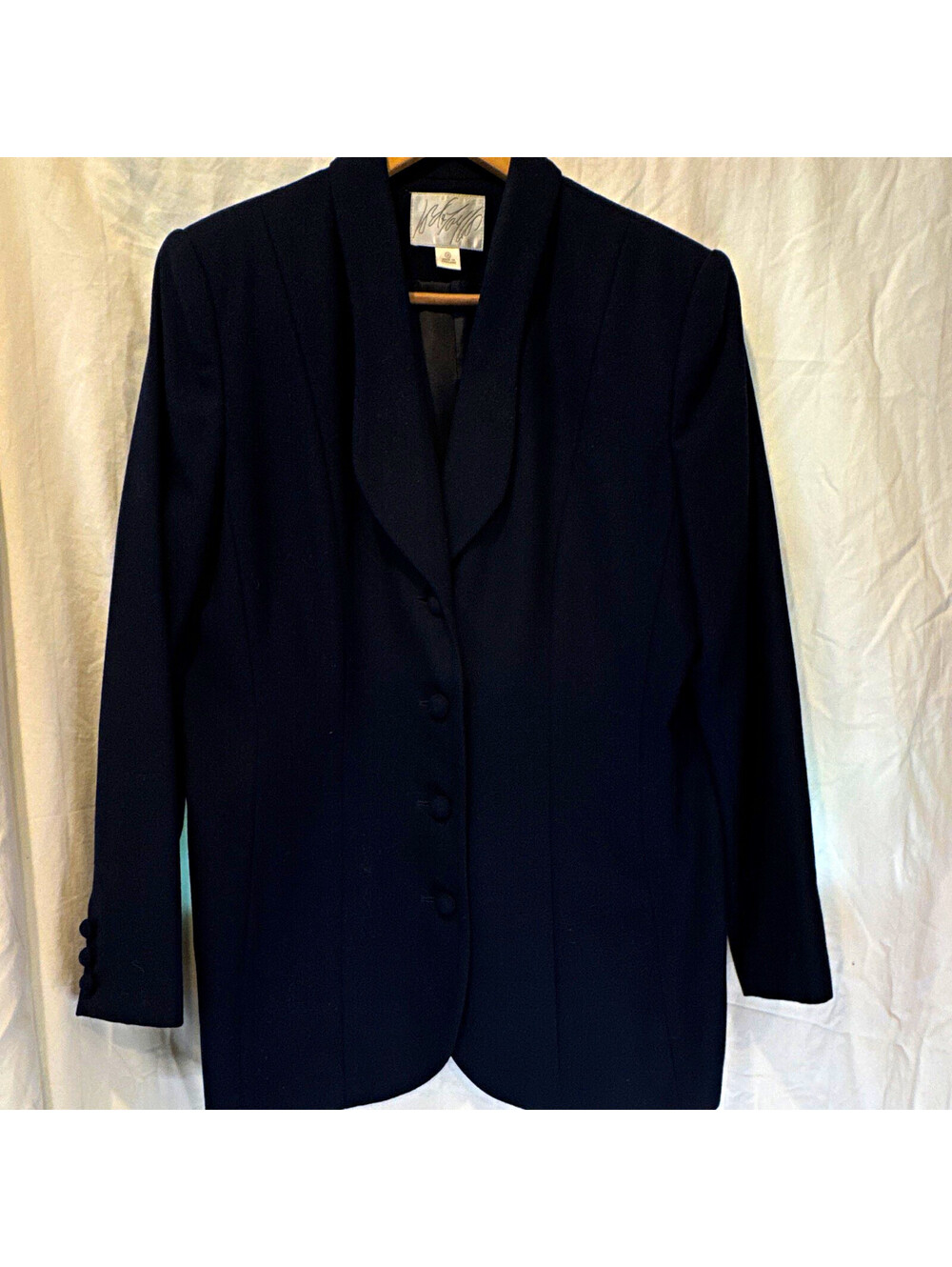 VINTAGE Wool Navy 4-Button Blazer Jacket Mid-Length LS with rounded lapel Sz 16